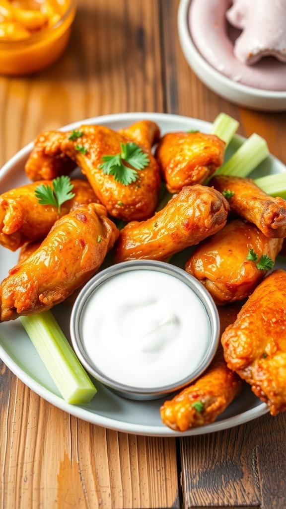 Crispy Air Fryer Chicken Wings Recipe Crispy air fryer chicken wings served with celery and ranch dressing on a wooden table.